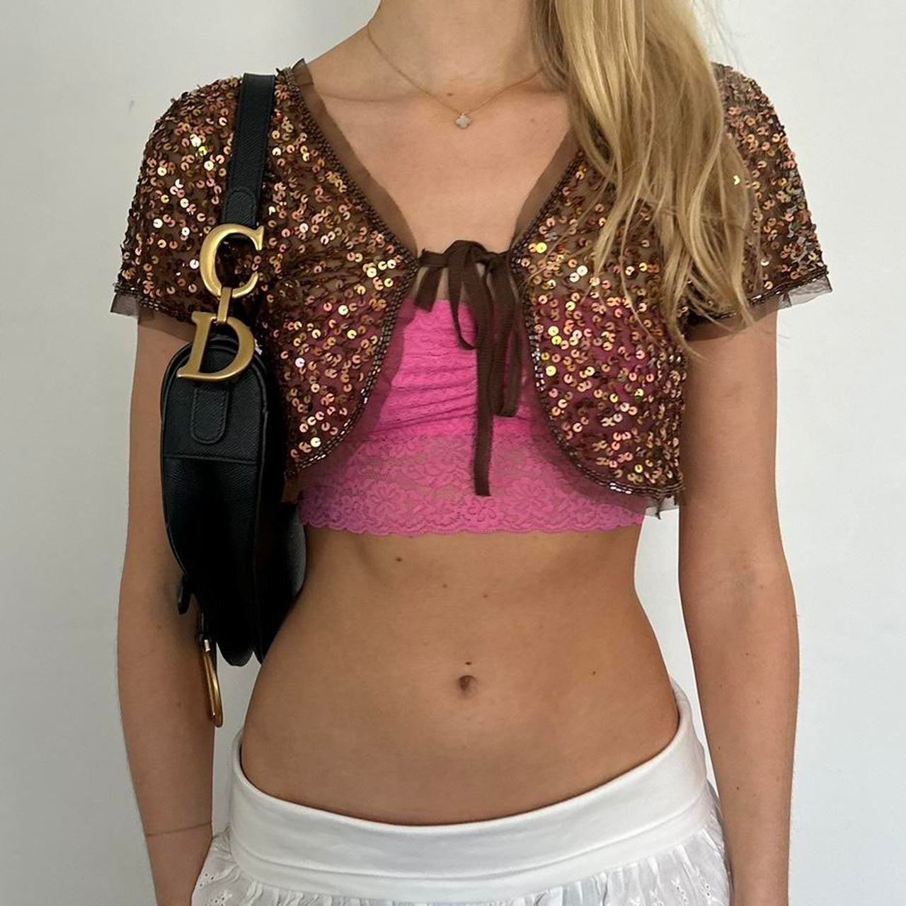 Vintage brown mesh sequin tie up top
