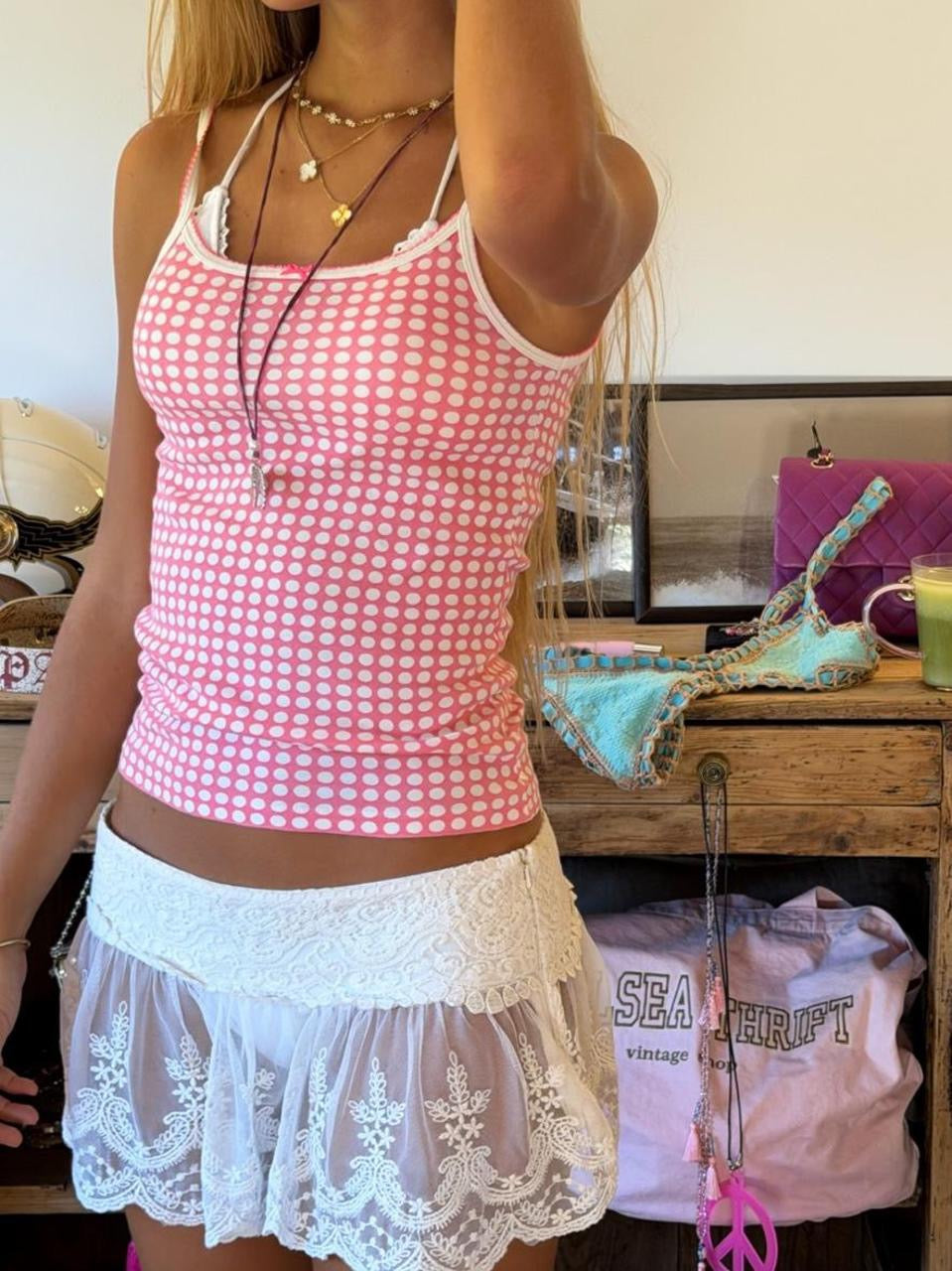 Vintage pink polka dot soft cami top