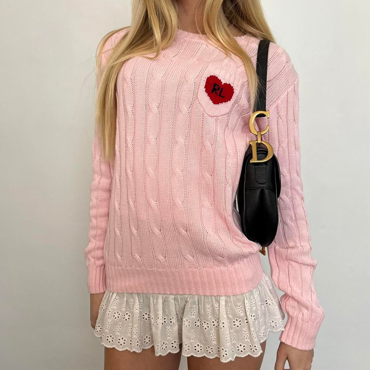 Vintage Ralph Lauren pink heart cable knit sweater