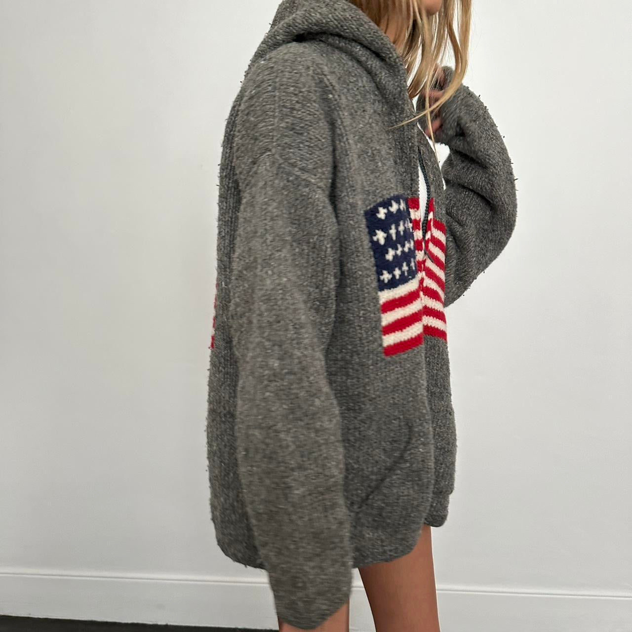 Vintage 90’s American flag grey knit zip up jacket