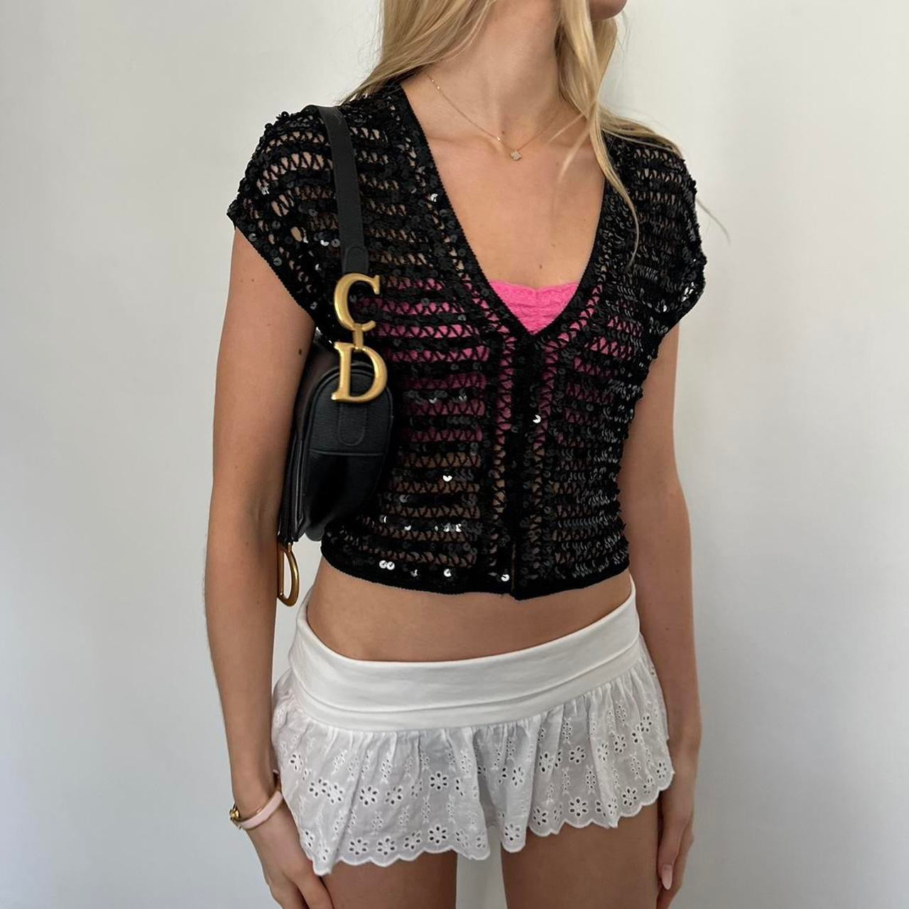 Vintage black sequin crochet cardigan top