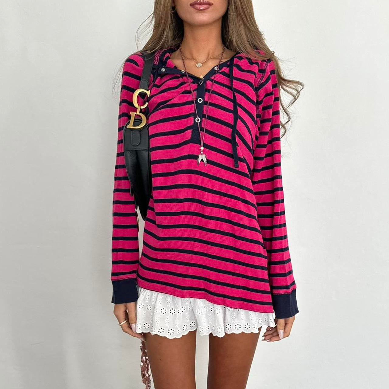 Vintage 00s pink striped ribbed hoodie top