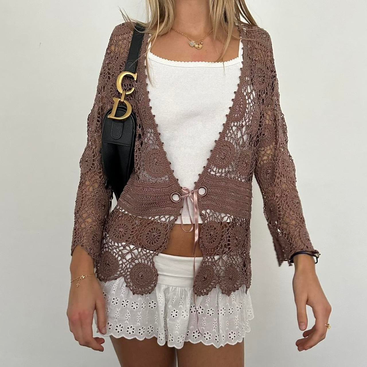 Vintage tie up brown crochet cardigan