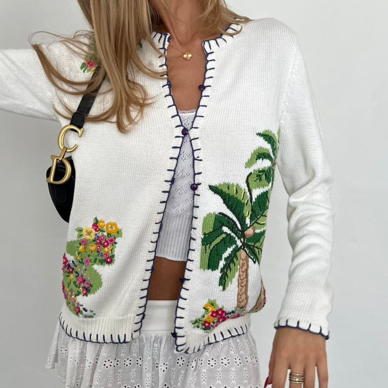 Vintage 90’s palm tree tropical white cardigan