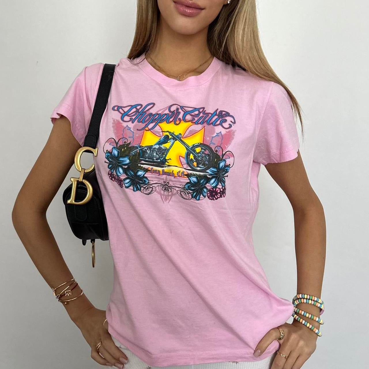 Vintage 2000s pink West Coast Choppers graphic varsity top