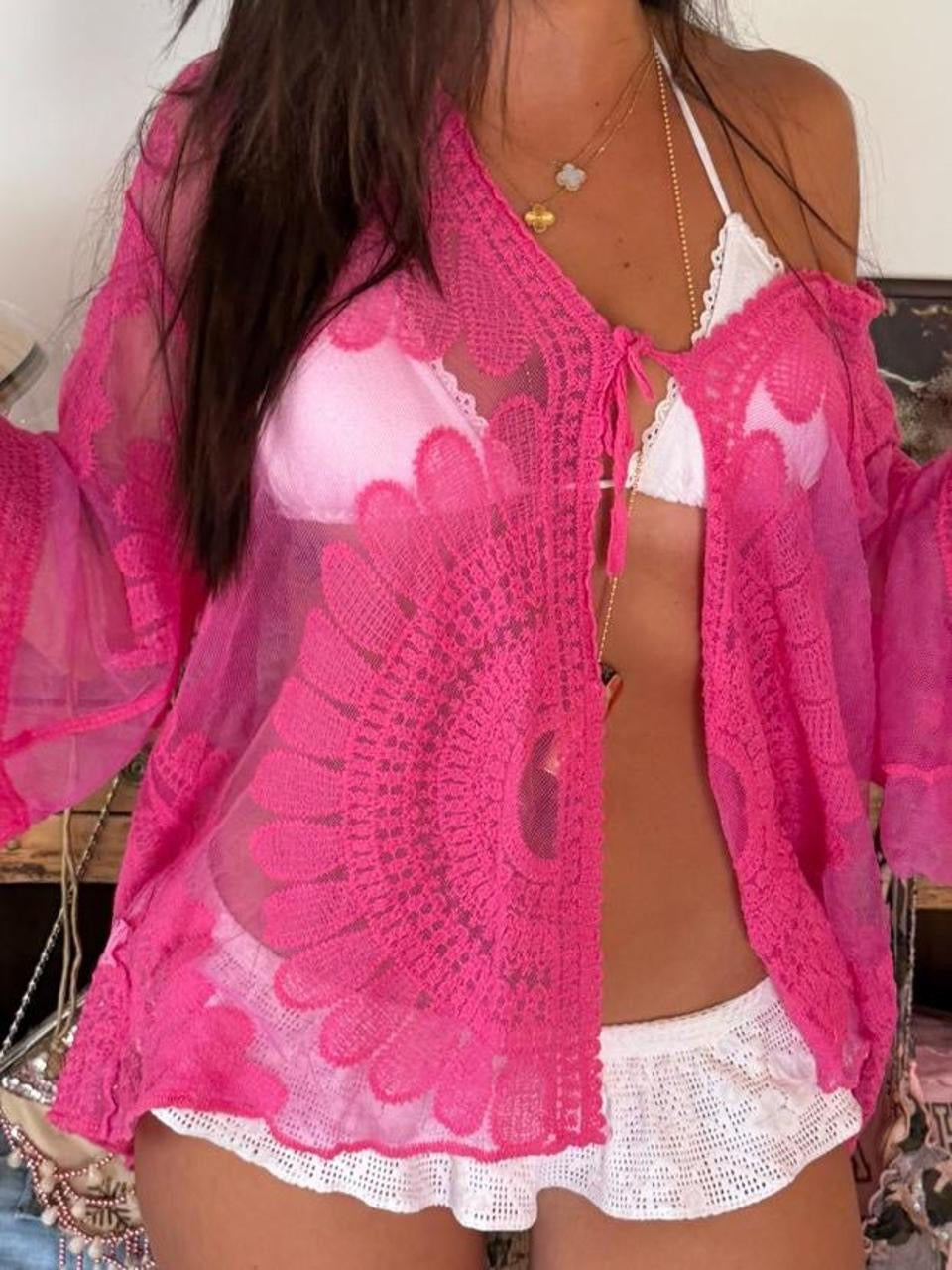 Vintage 00s pink tie up layering top