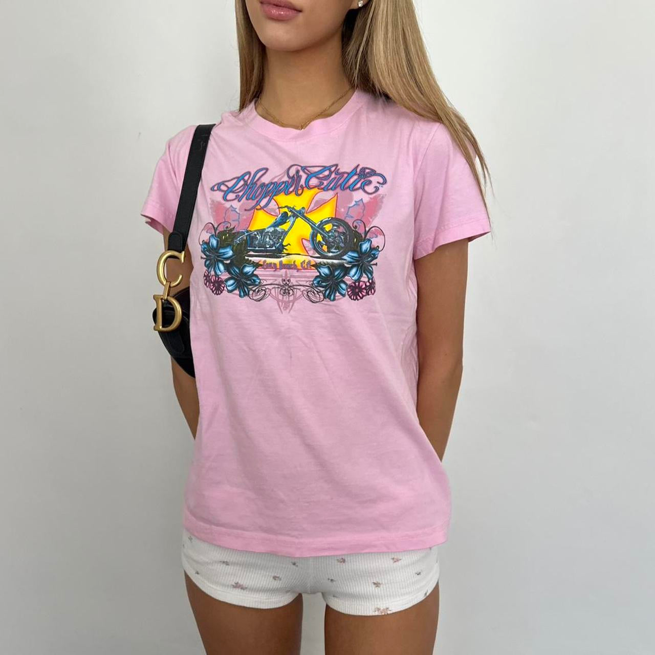 Vintage 2000s pink West Coast Choppers graphic varsity top