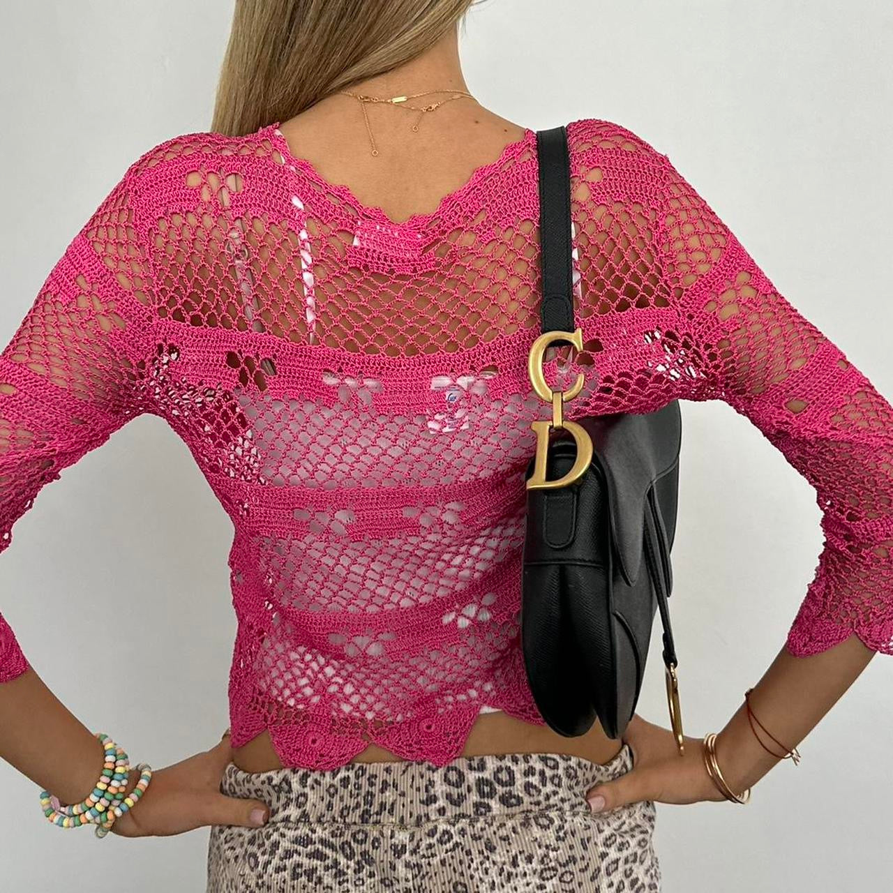 Vintage pink crochet tie up layering top