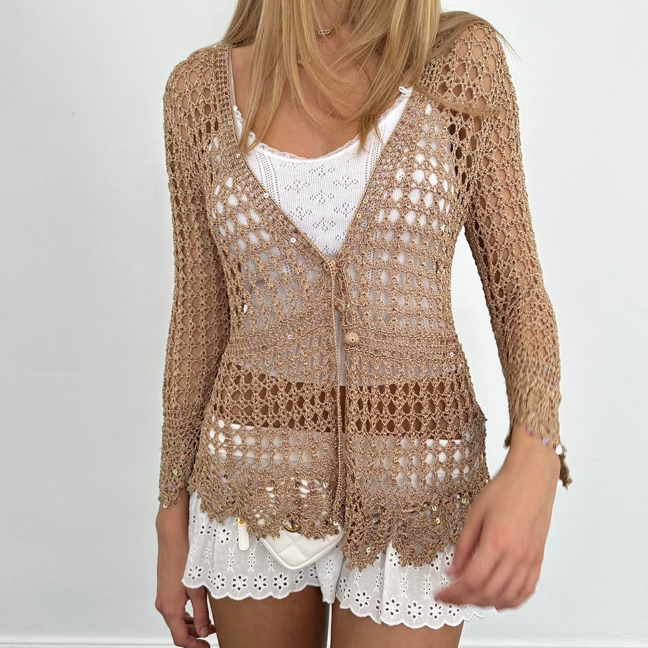 Vintage tan crochet delicate layering cardigan
