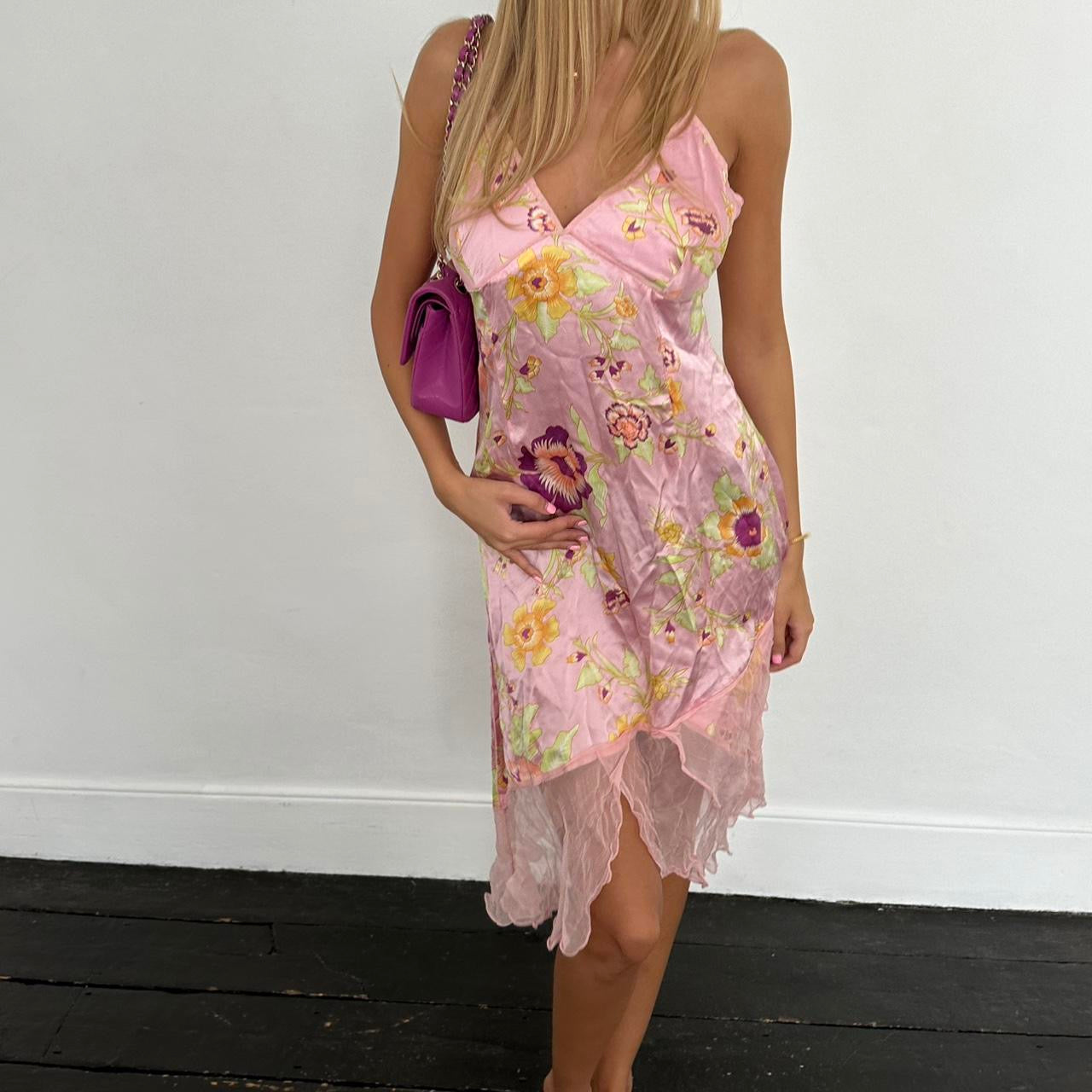 Vintage 90βs 100% silk pink floral midi dress