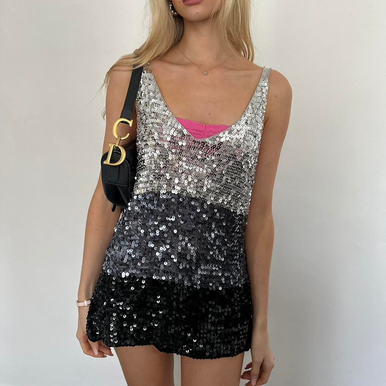 Vintage silver and black sequin cami top