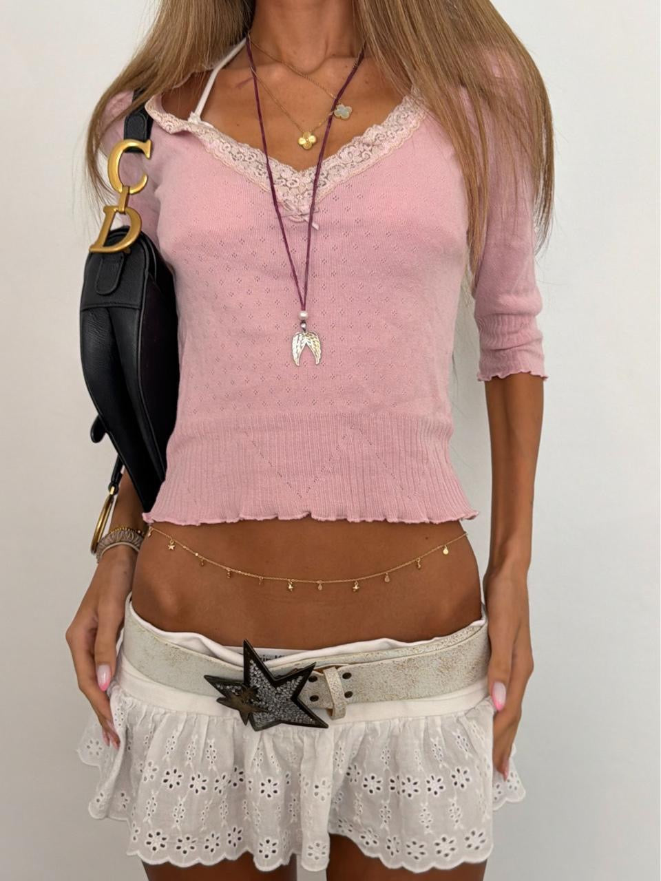 Vintage 00s pink pointelle long sleeve baby tee