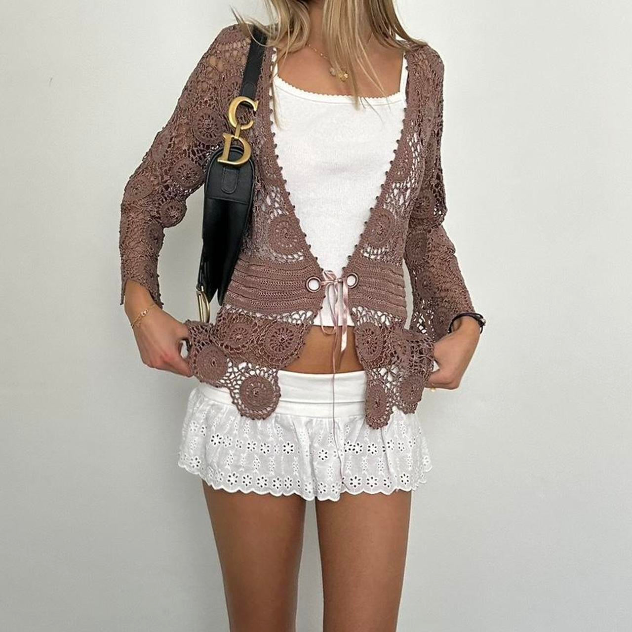 Vintage tie up brown crochet cardigan