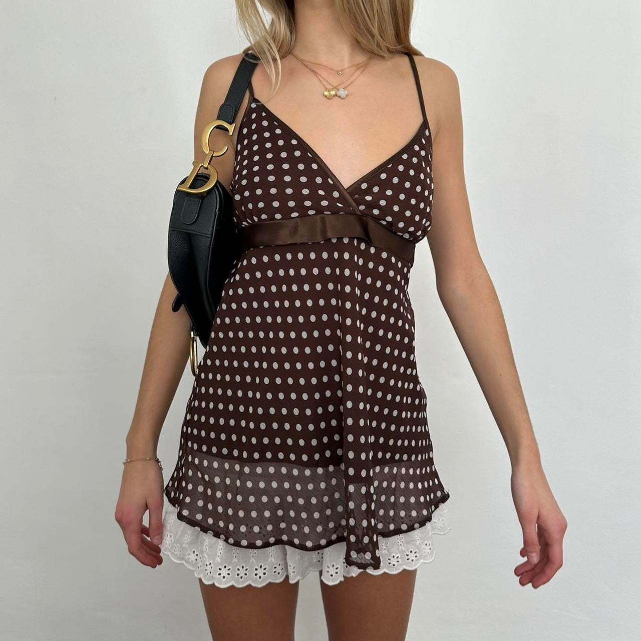 Vintage 2000s brown polka dot babydoll top