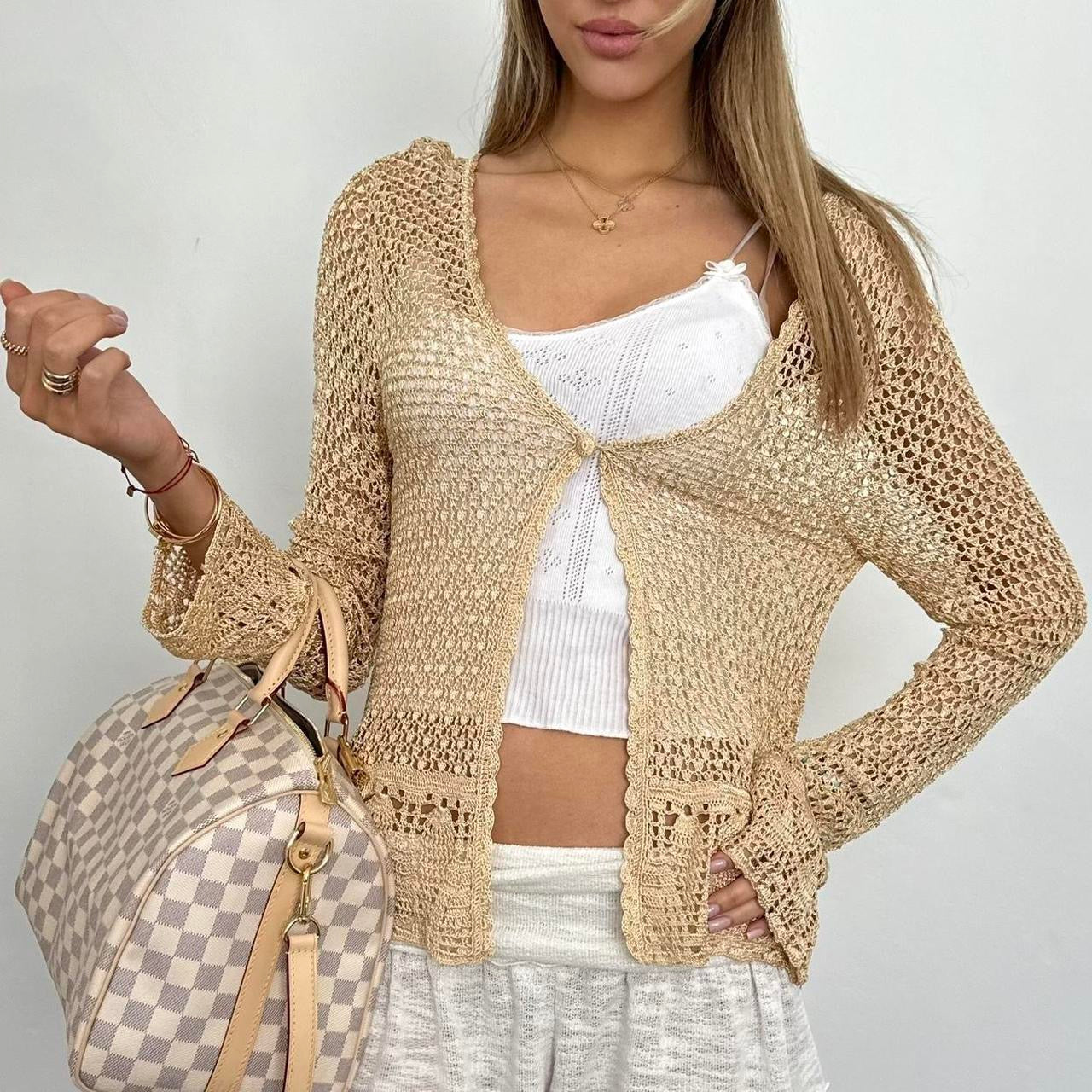 Vintage 90ās gold crochet tie up layering top
