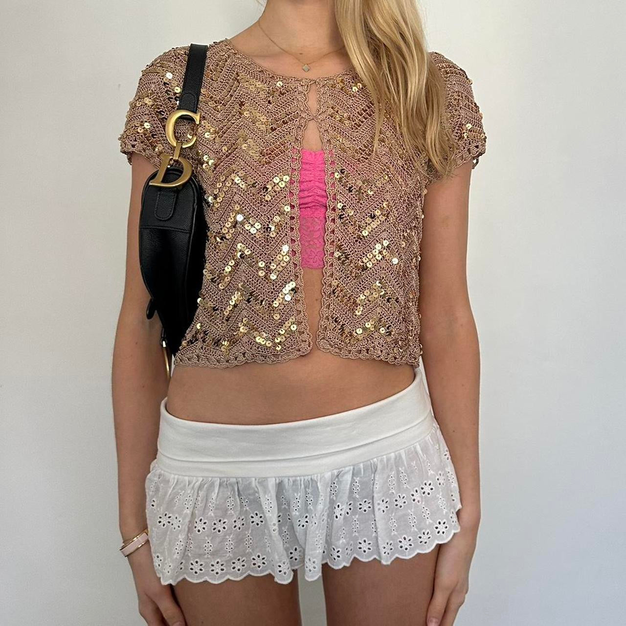 Vintage brown sequin open crochet top