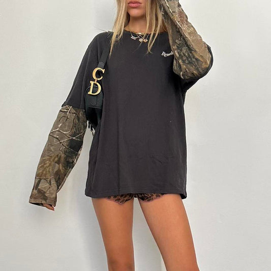 Vintage camouflage double layer long sleeve top