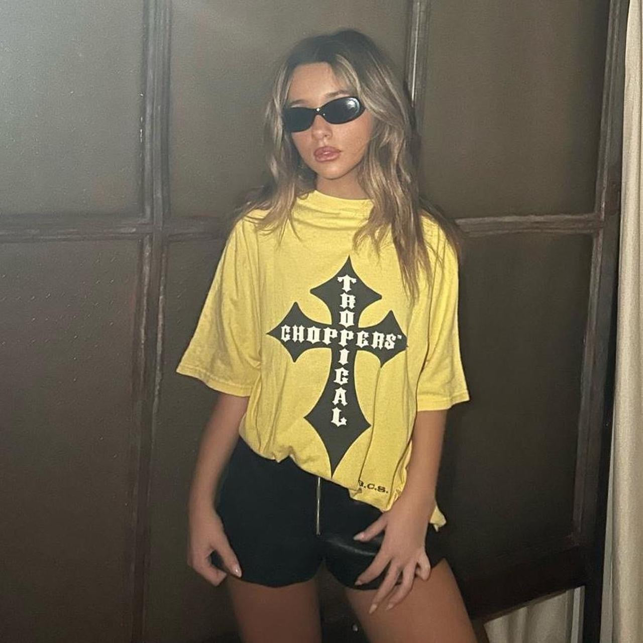 Vintage 2000s yellow West Coast Choppers graphic varsity top