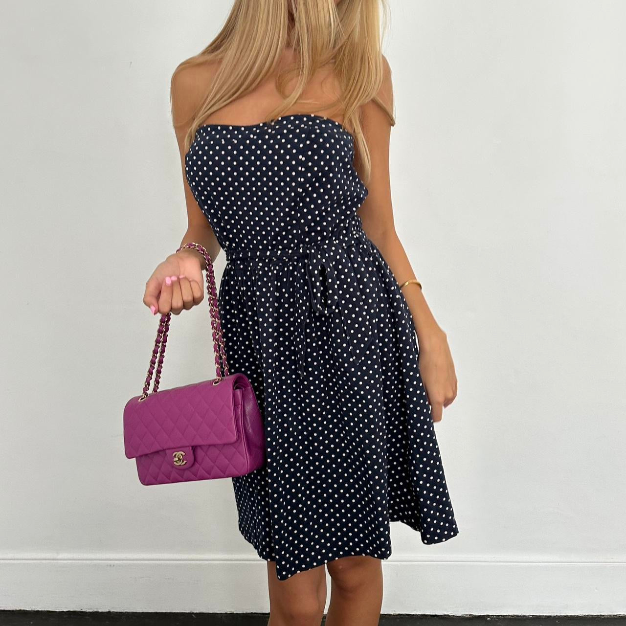 Vintage navy and white polka dot strapless dress