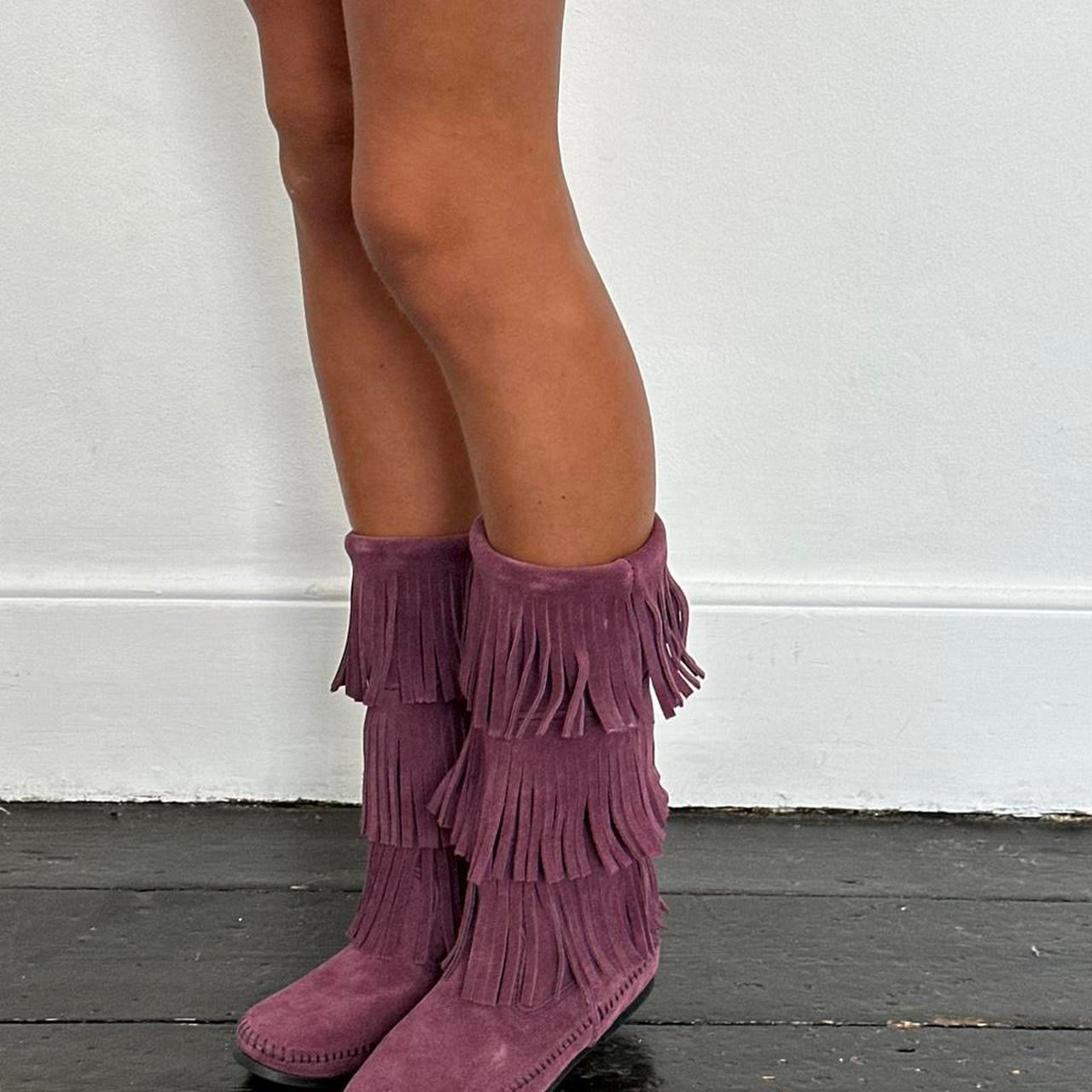 Vintage plum suede fringe leather boots