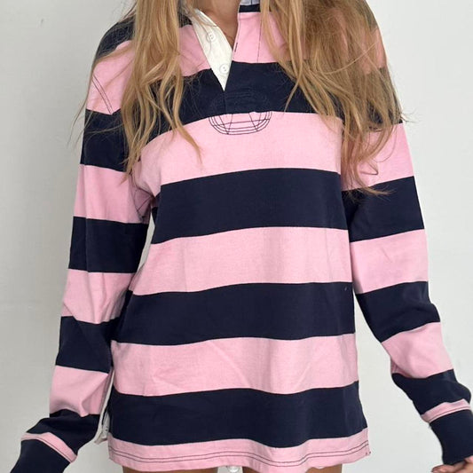 Vintage Polo Ralph Lauren striped navy and pink polo long sleeve top