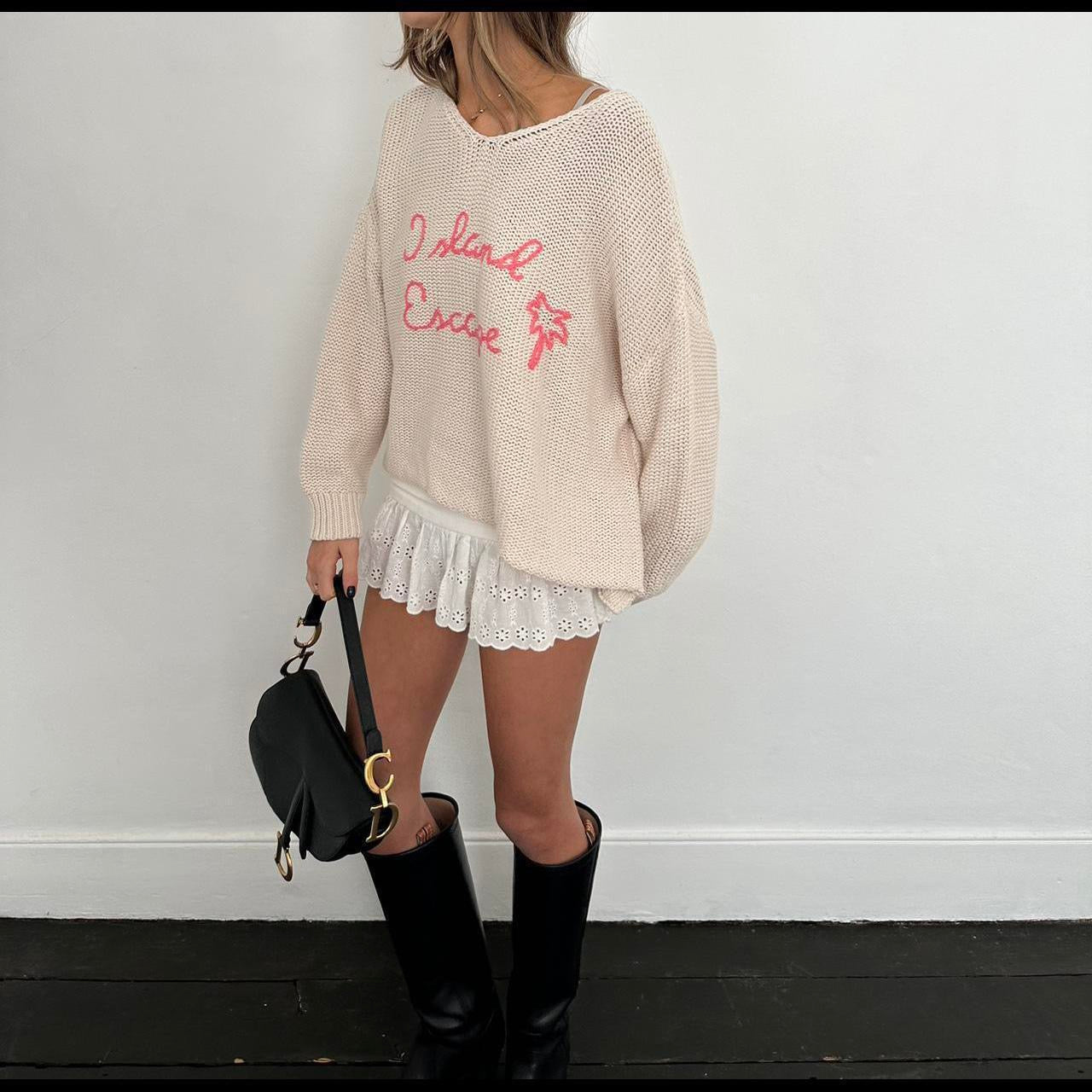 Vintage island escape embroidered knit sweater