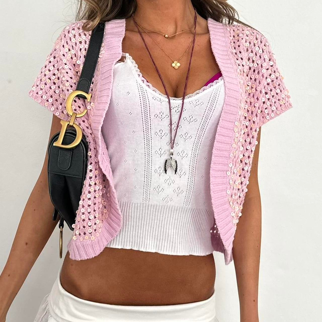 Vintage 2000s knitted sequin pink cardigan top