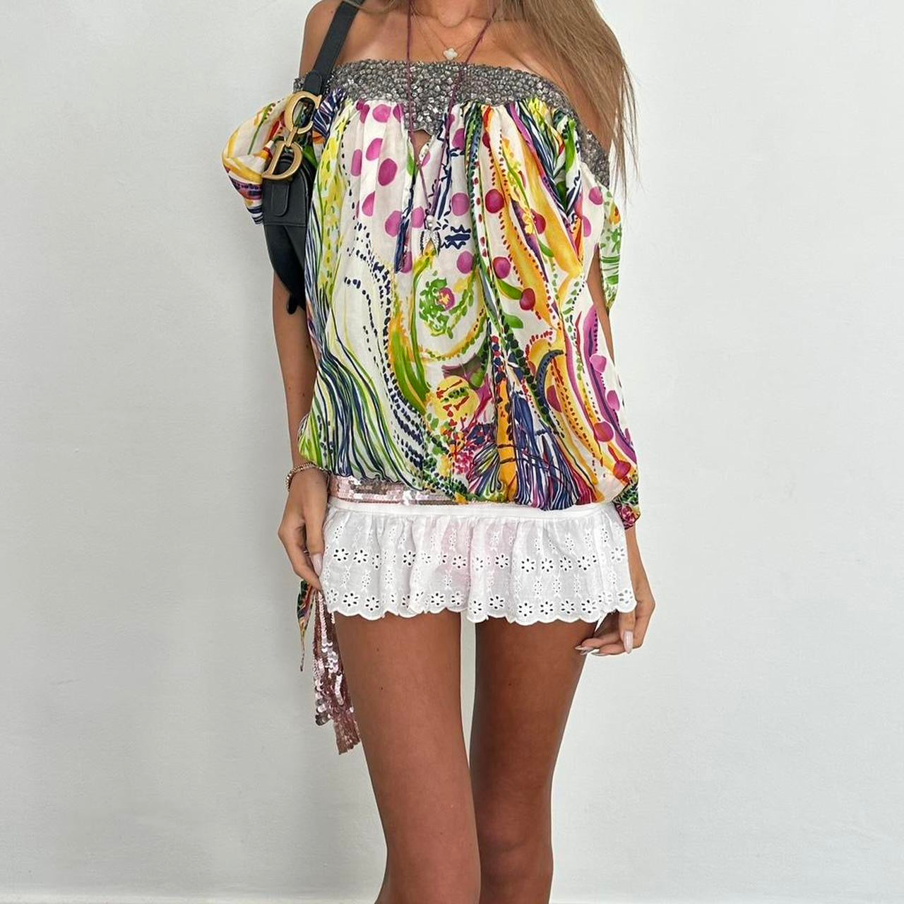 Vintage 00s colourful off the shoulder summer top