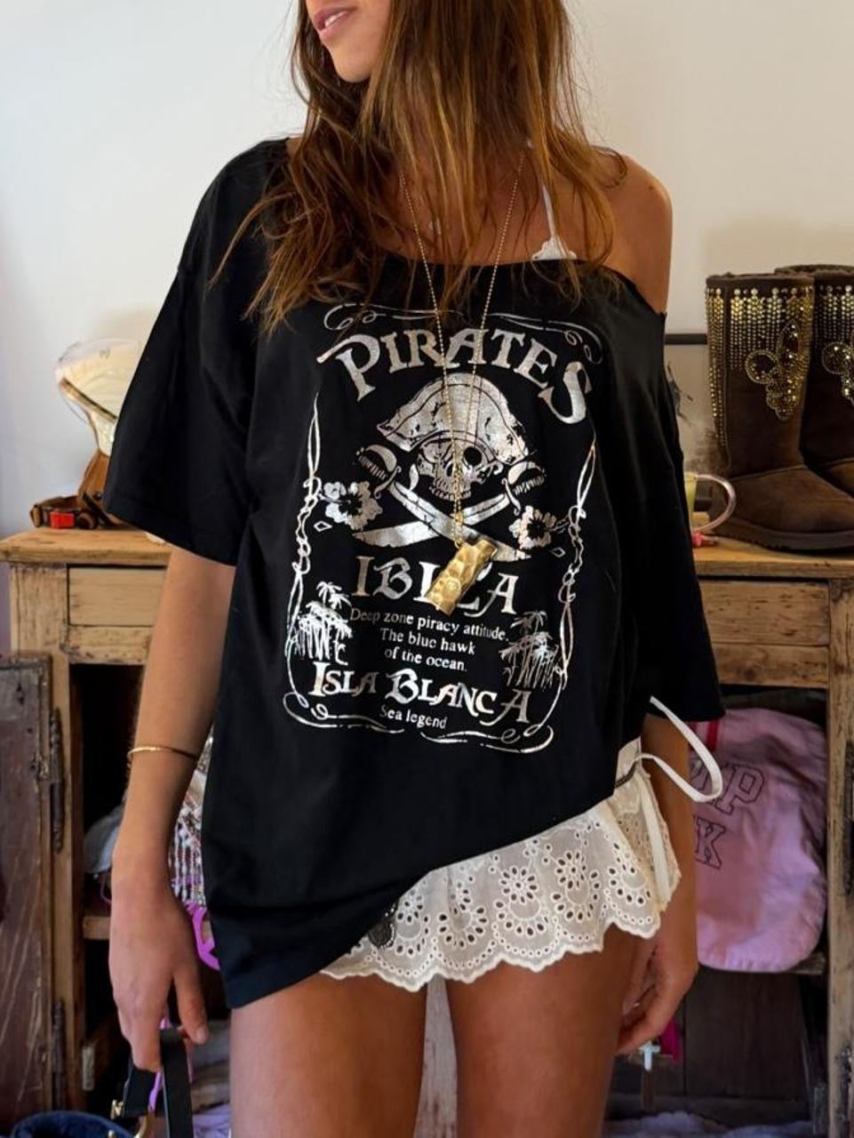 Vintage 2000’s Ibiza Pirates black off shoulder top