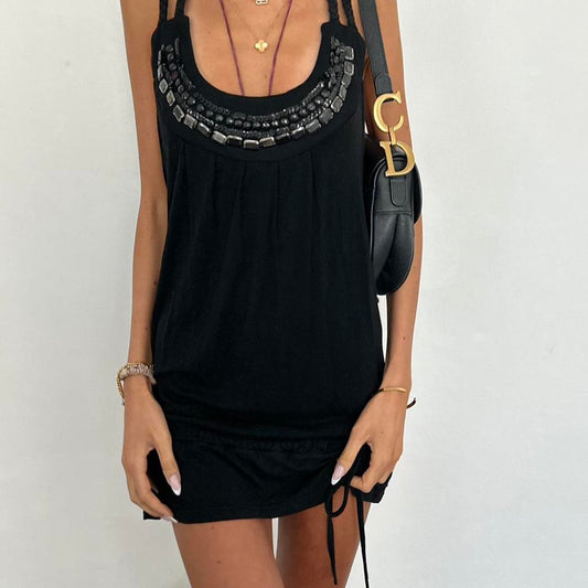 Vintage black embellished tie detail mini dress