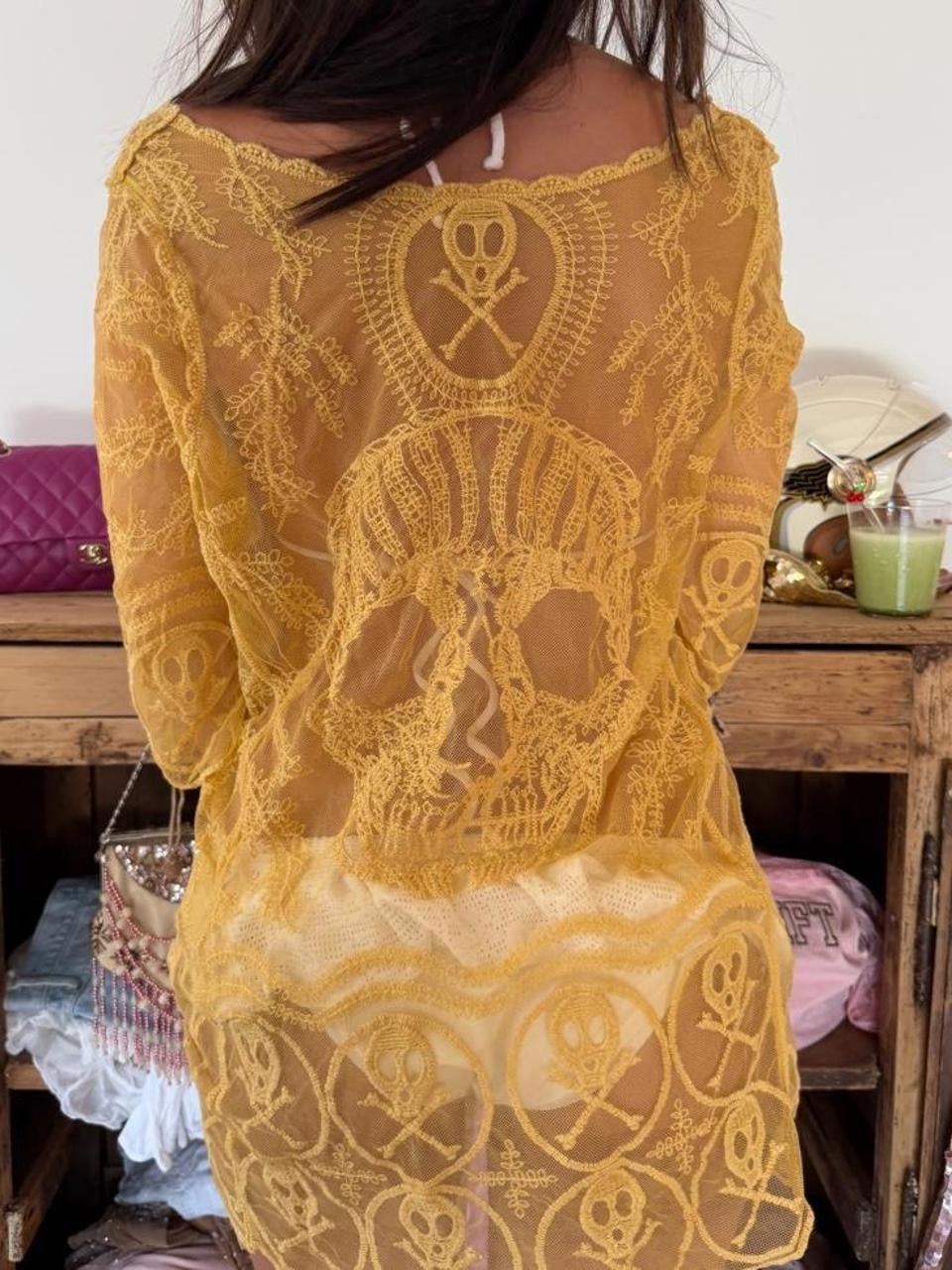 Vintage 00s yellow skull boho long sleeve top