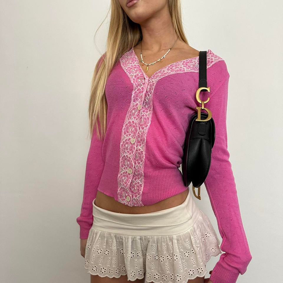 Vintage pink pointelle lace long sleeve top