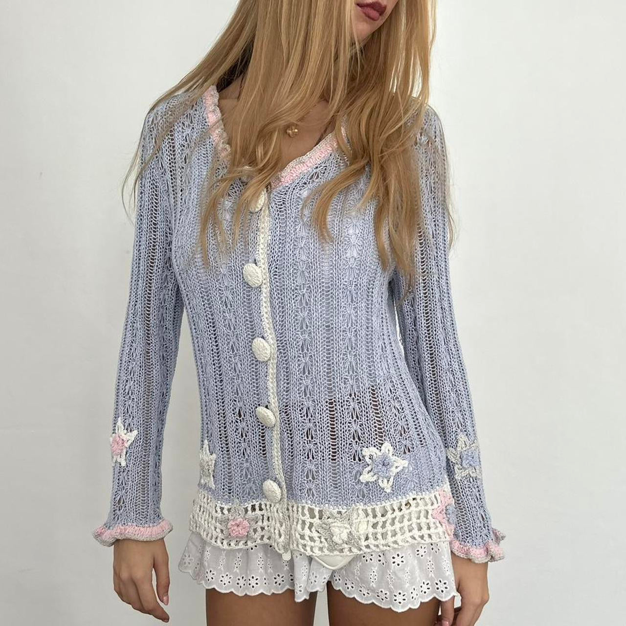 Vintage crochet aqua knit cardigan