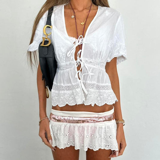 Vintage boho white tie up top