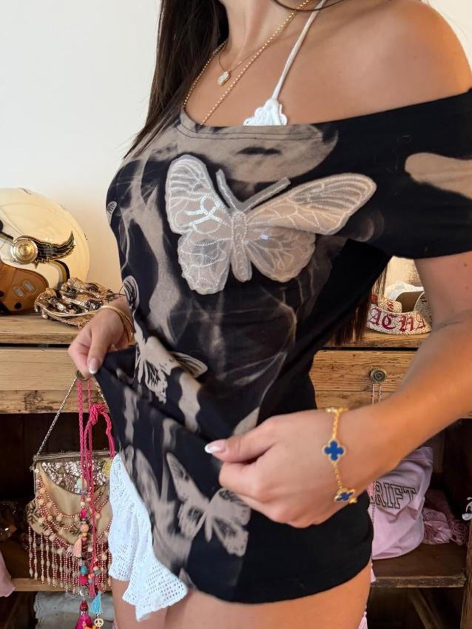 Vintage 00’s black off shoulder butterfly top