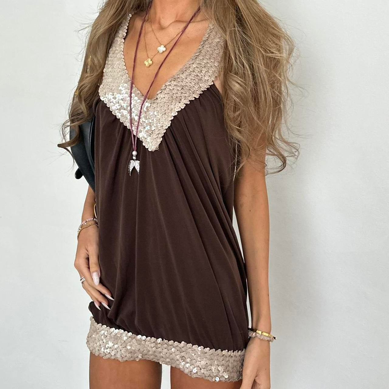 Vintage 00’s brown boho micro mini dress