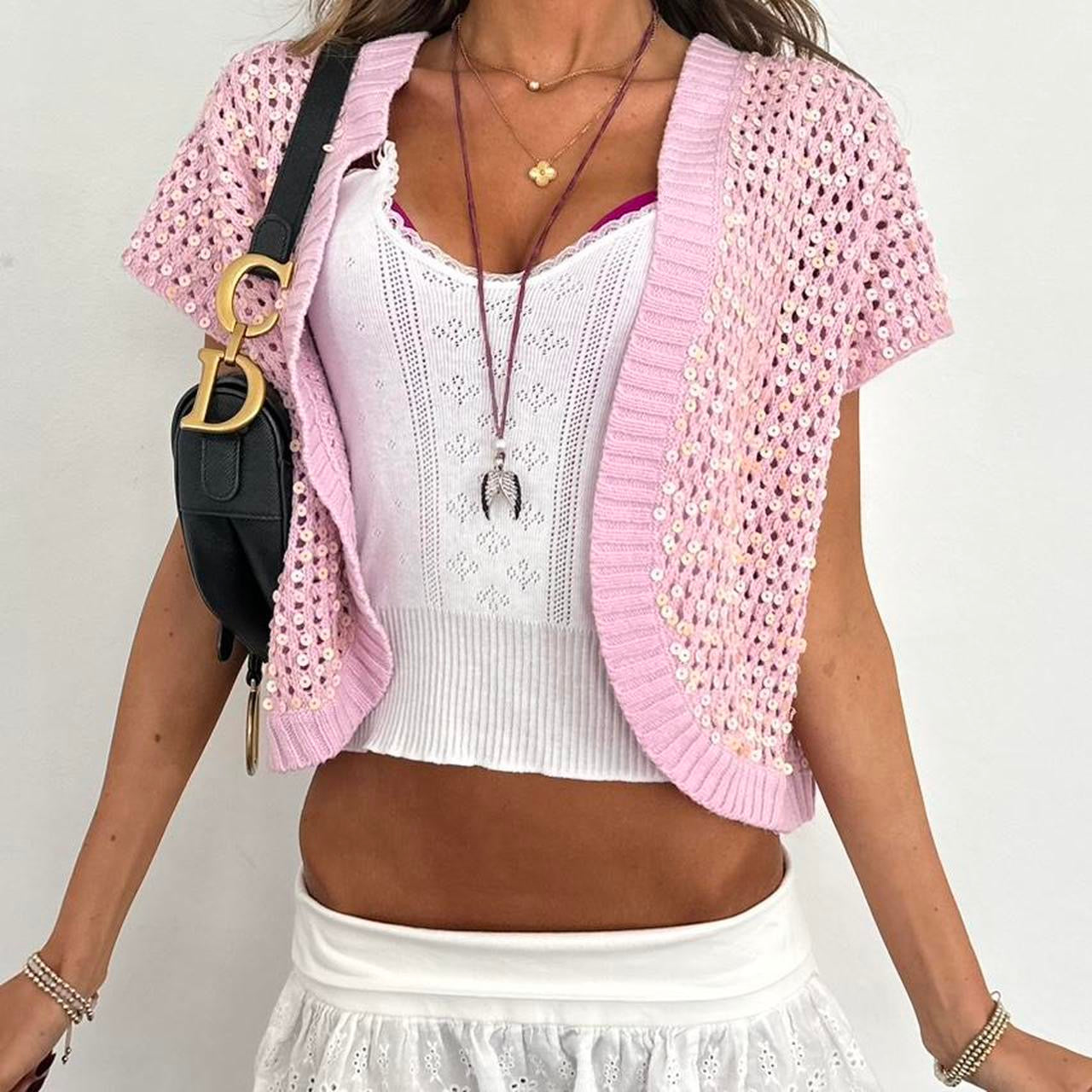 Vintage 2000s knitted sequin pink cardigan top