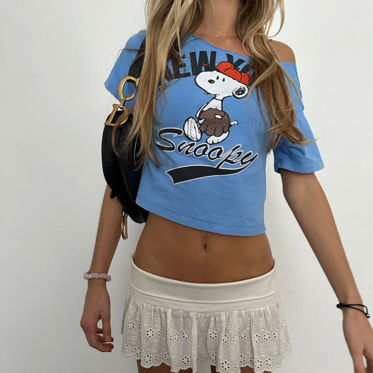 Vintage snoopy blue off the shoulder cropped top