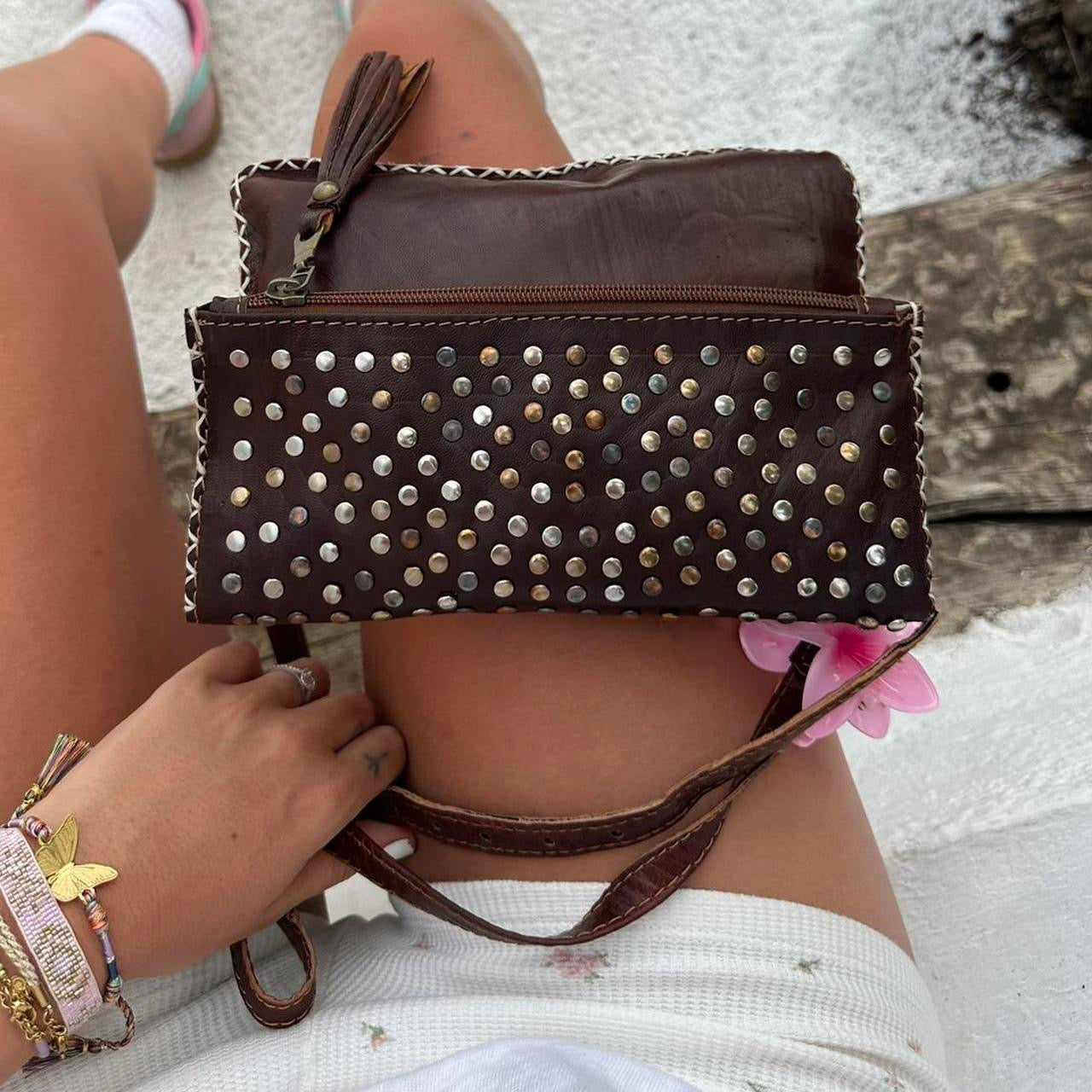 Espresso Brown studded, leather clutch outlet