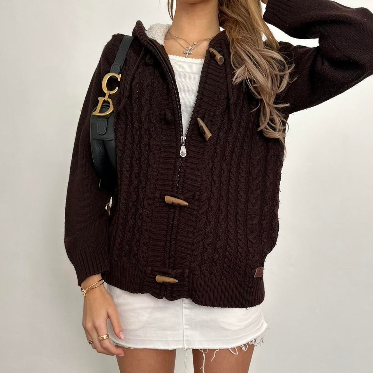 Vintage brown knitted zip up hoodie sweater