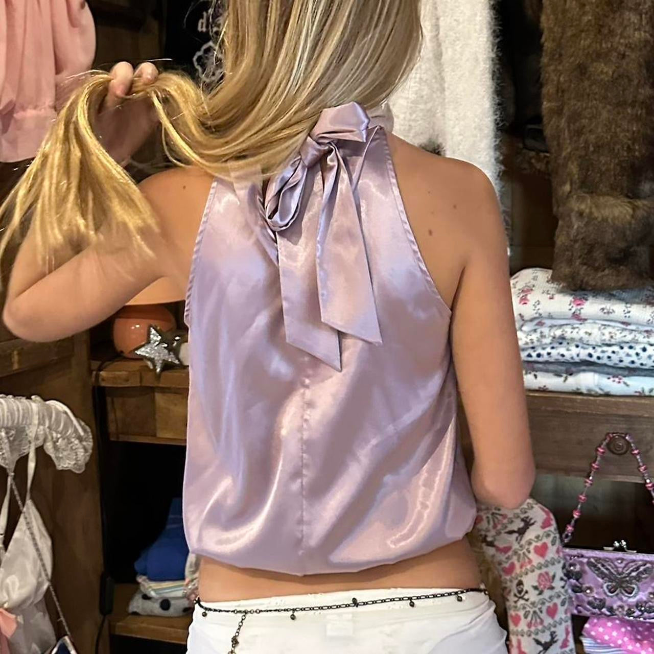 Vintage silky purple ribbon top
