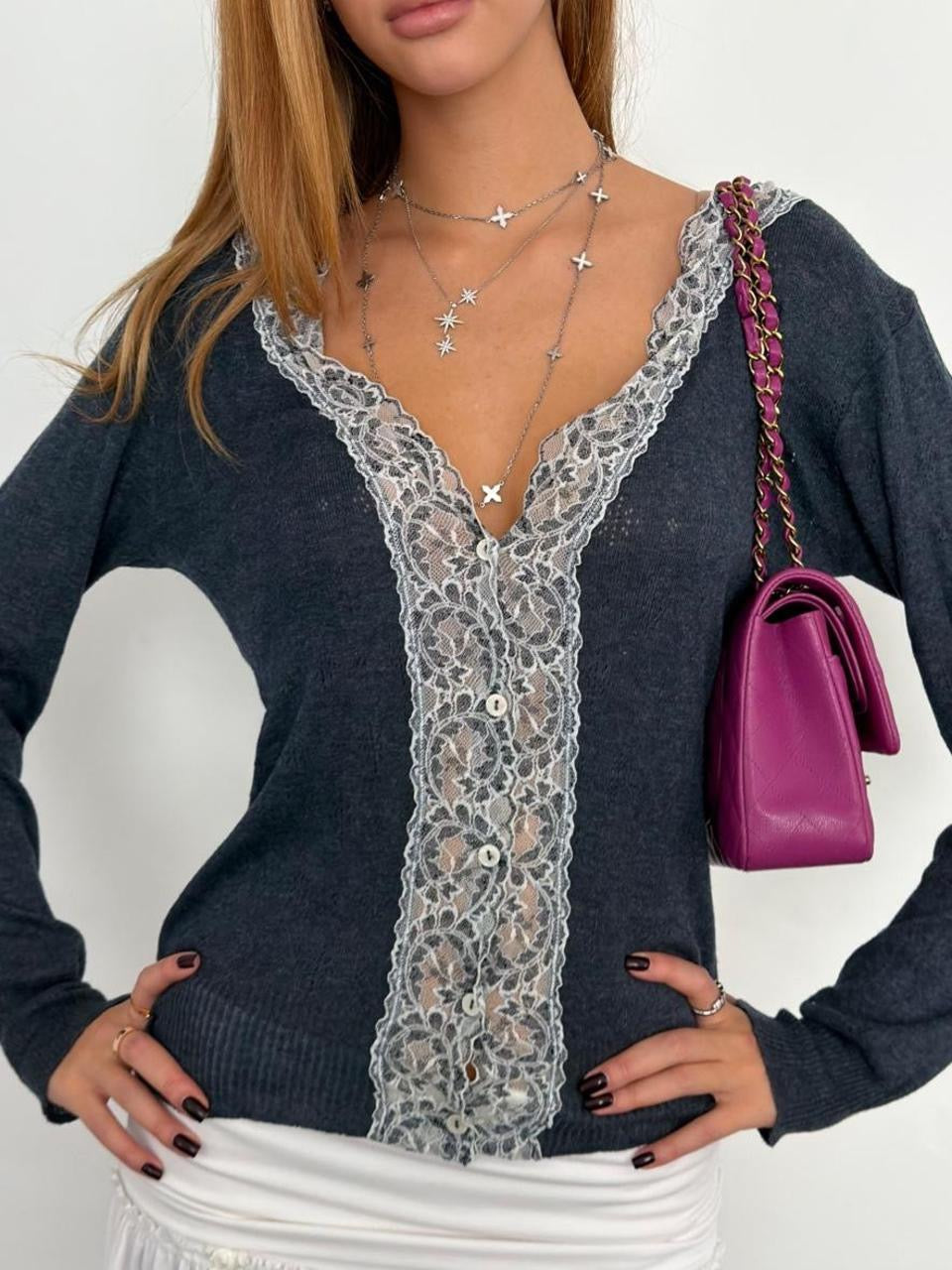 Vintage 00’s lace dark blue cardigan long sleeve top