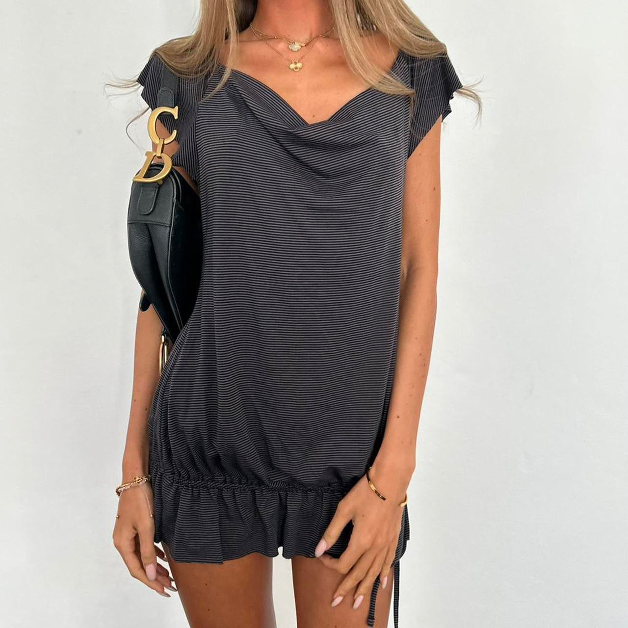 Vintage grey ruffle hem and tie mini dress