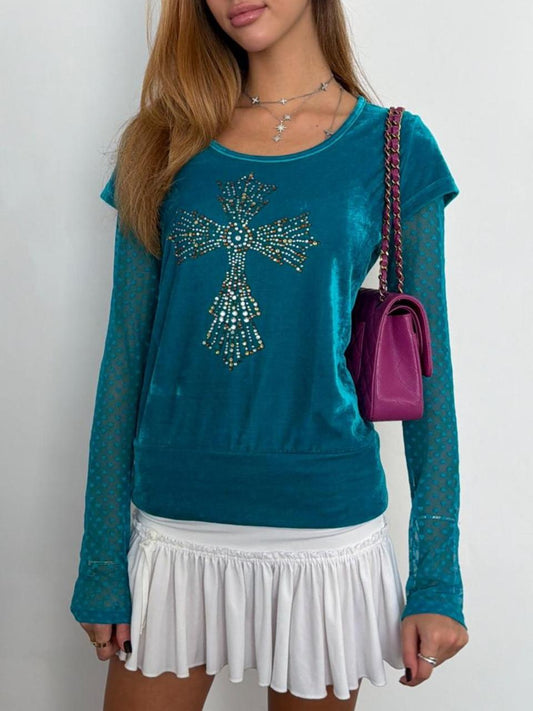 Vintage 00’s turquoise velvet cross design top