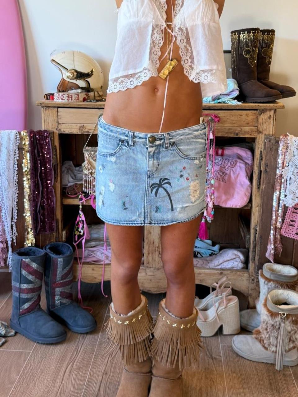 Vintage 00s palm tree distressed denim mini skirt