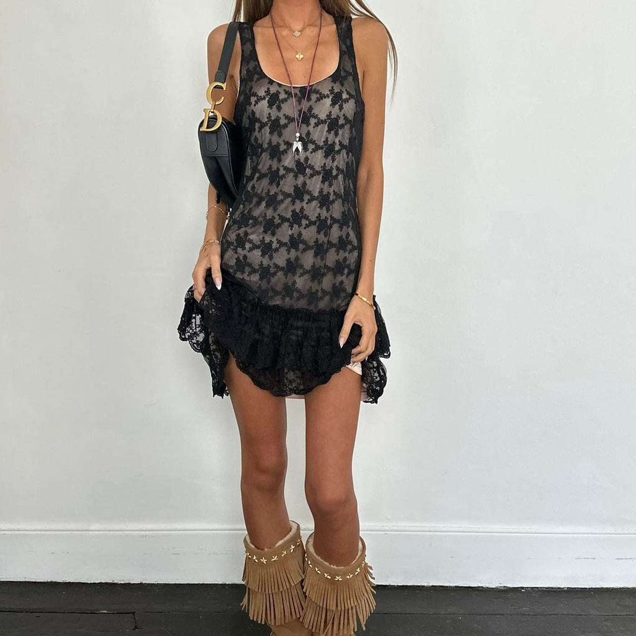 Vintage 00s black lace ruffle mini dress