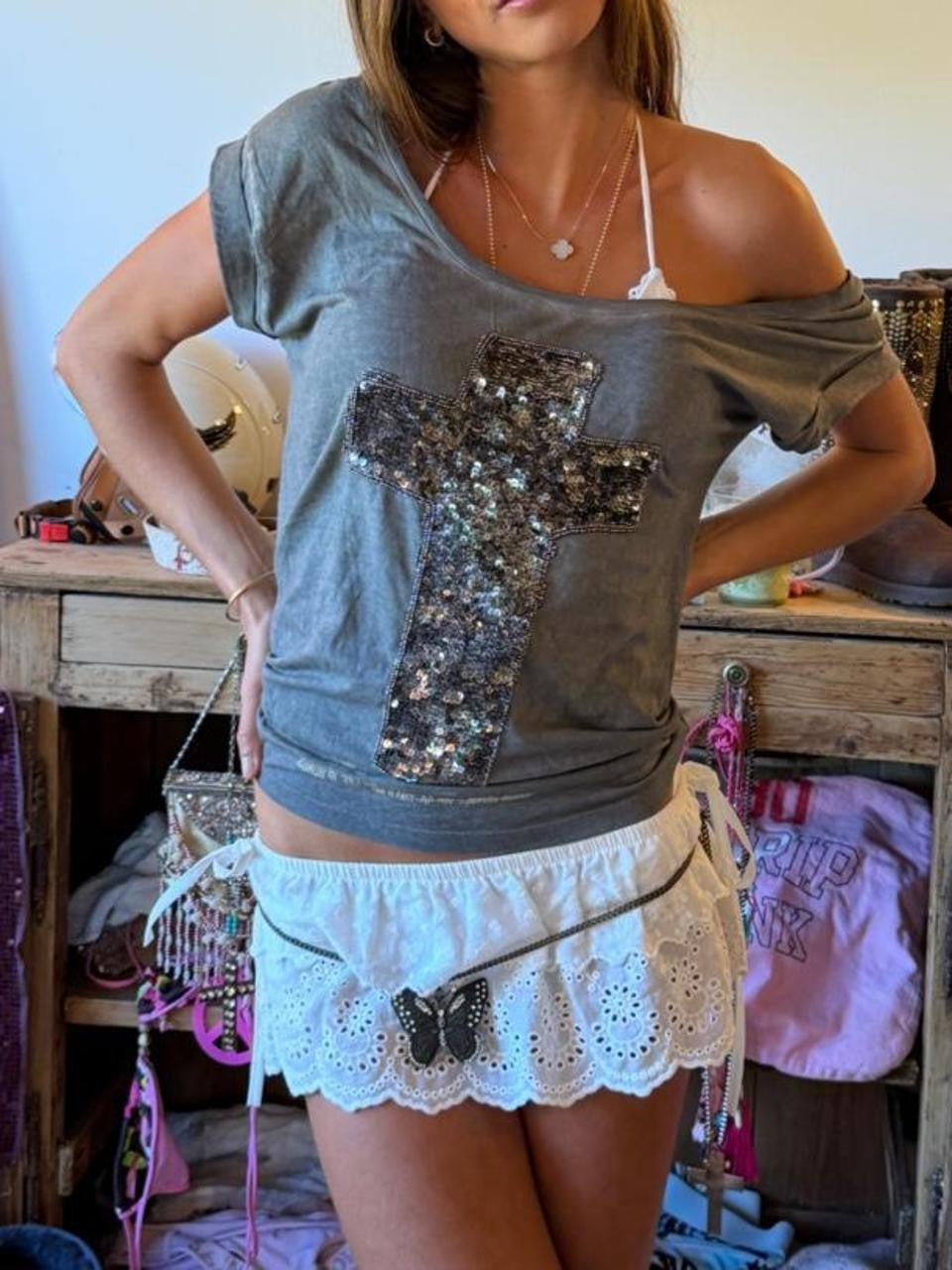 Vintage 00’s sparkly grey cross off shoulder top