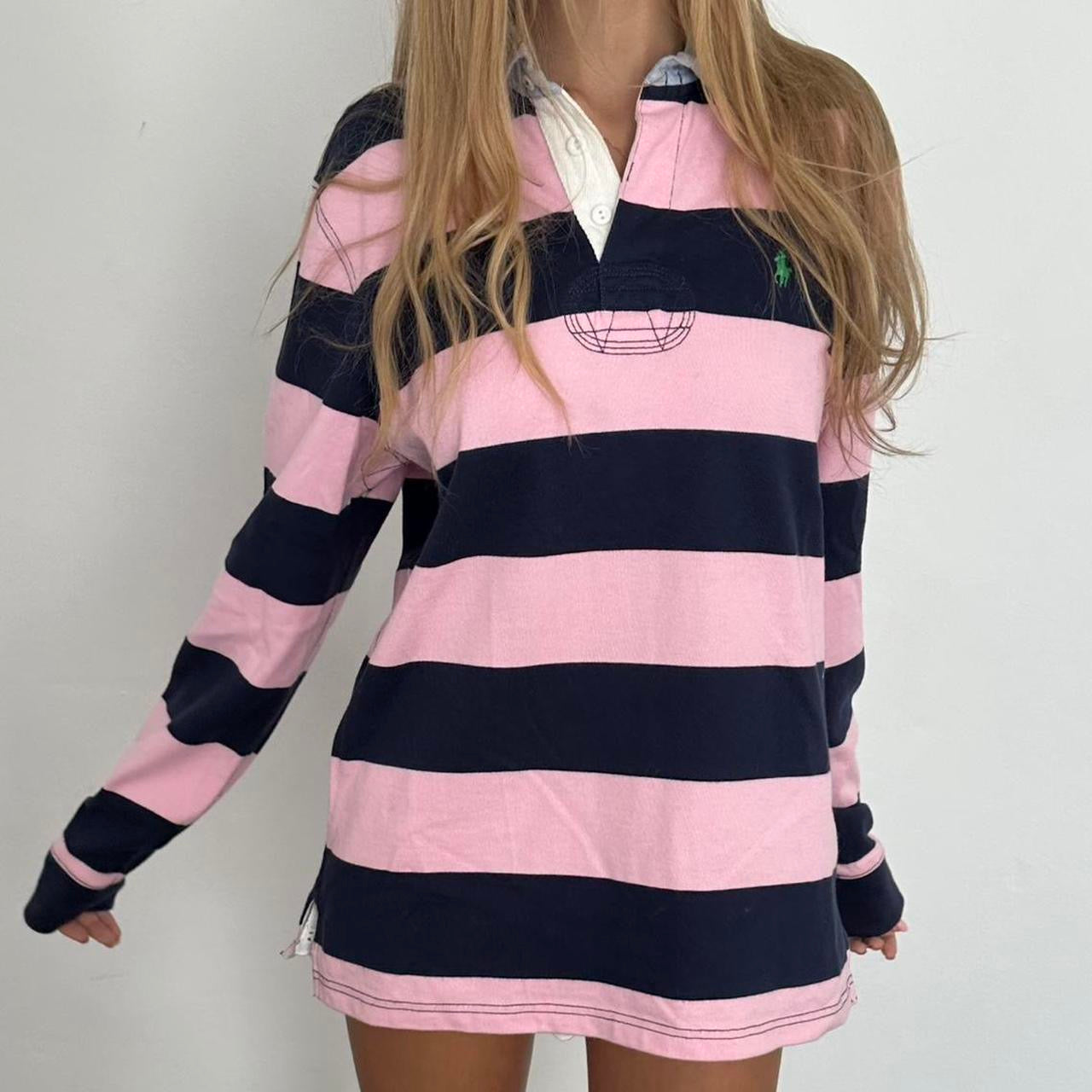 Vintage Polo Ralph Lauren striped navy and pink polo long sleeve top