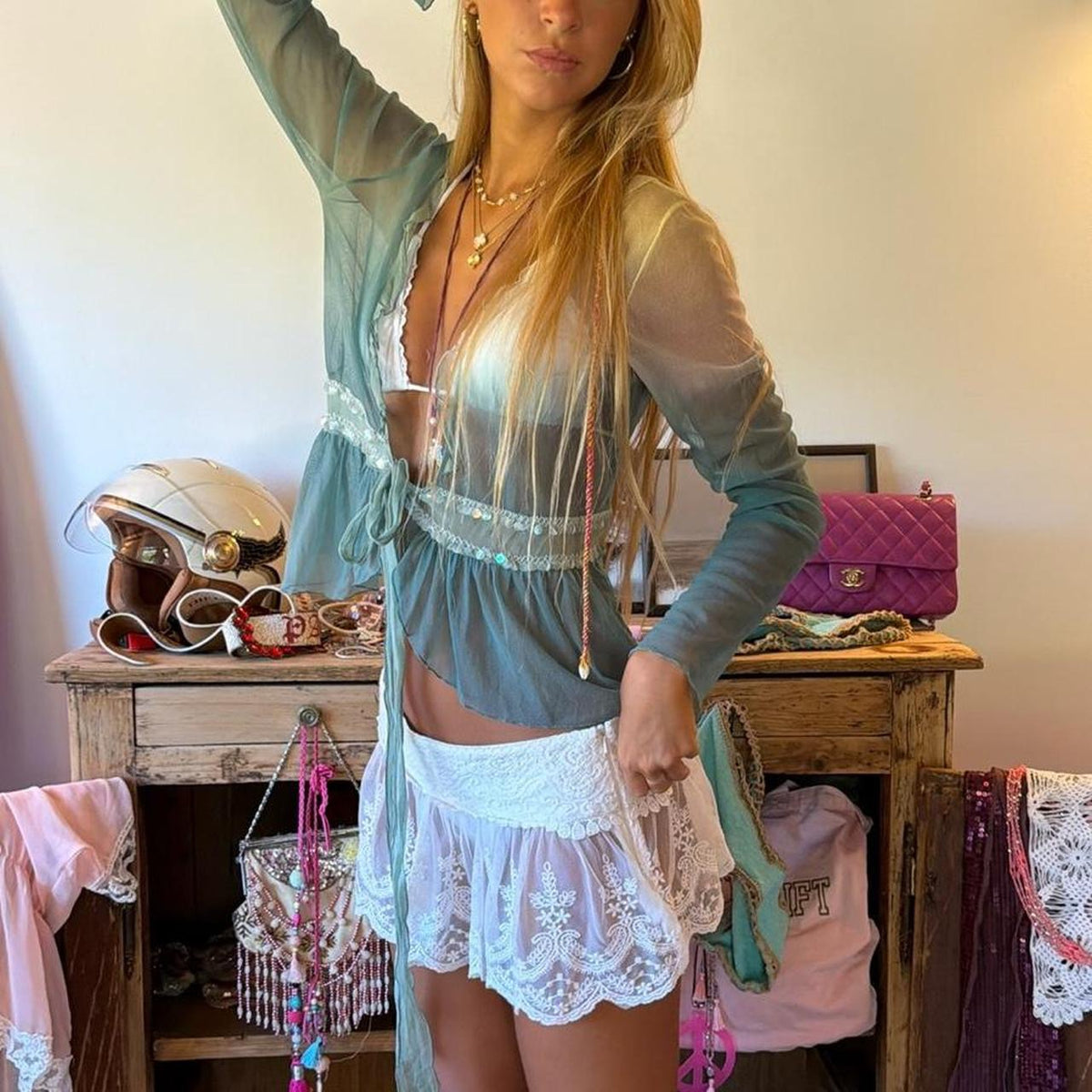 Vintage 00’s turquoise sheer tie up cardigan top