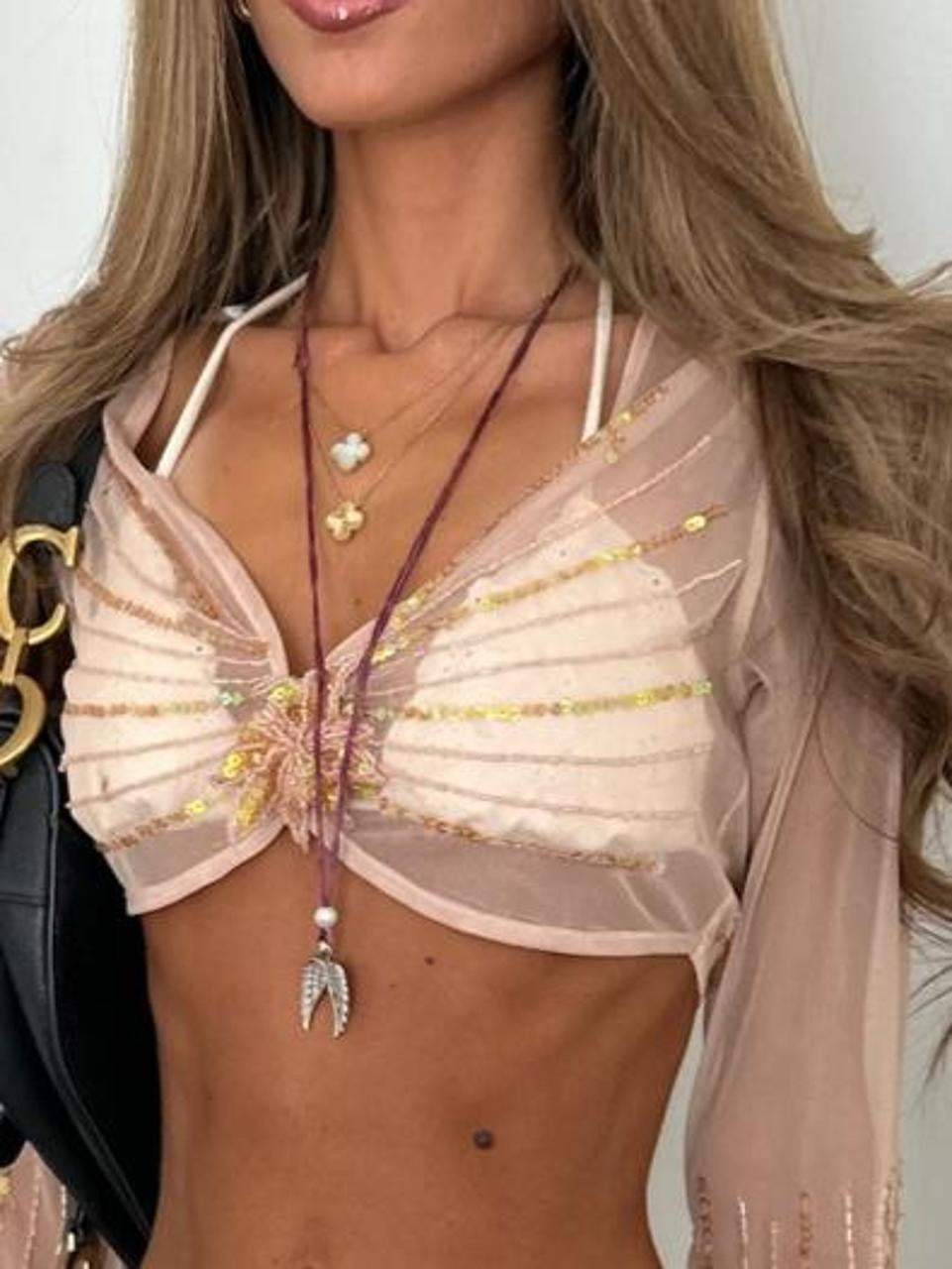 Vintage 00’s sequin cream tan delicate  cardigan top
